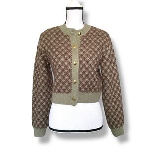 Zara Cropped Cardigan Sweater Brown Green Check Sz S Old Money Academia Preppy